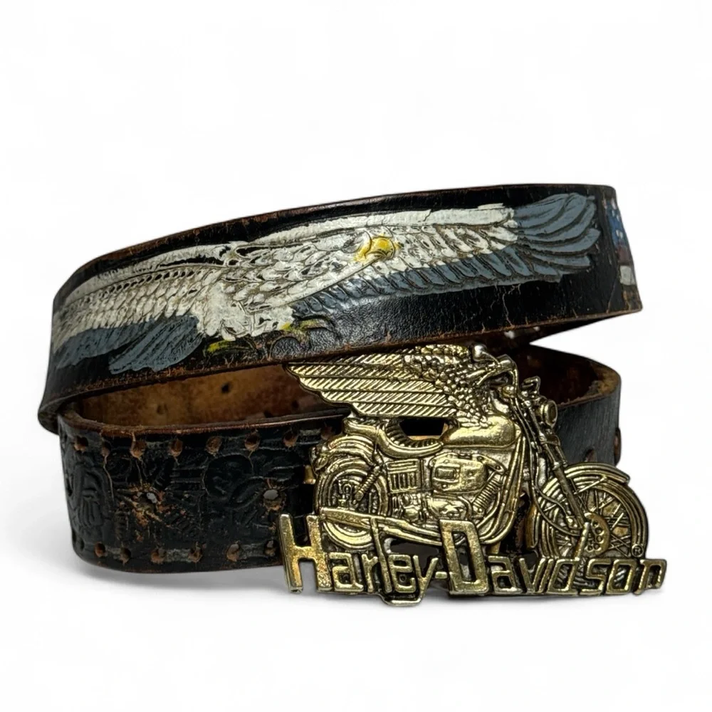 VINTAGE 1991 HARLEY DAVIDSON FREEDOM TO RIDE BUCKLE TOOLED LEATHER EAGLE BELT